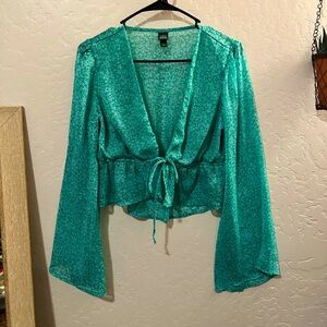 Wild Fable Green Blue Mesh Long Sleeve Flowy Tie Top Blouse